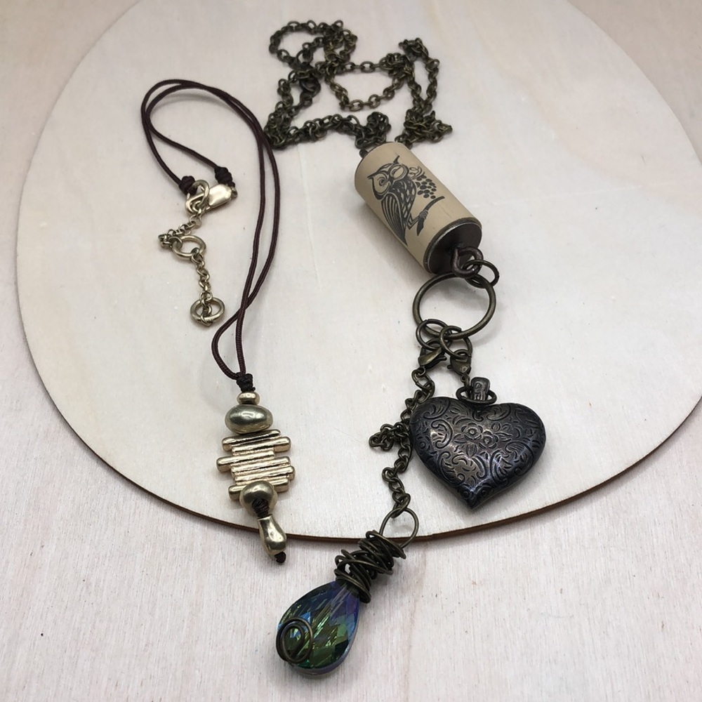 Curated bundle layered look 2 necklaces, boho style long extra long, trendy fun.